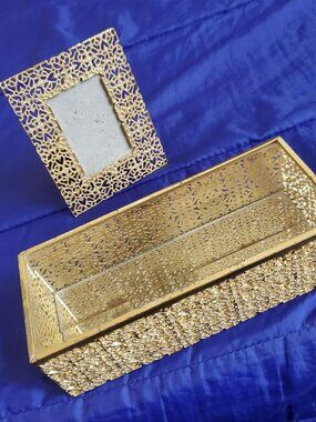 Vtg Gold Filigree Beveled Vanity Box & Photo Frame Hollywood Regency Moroccan